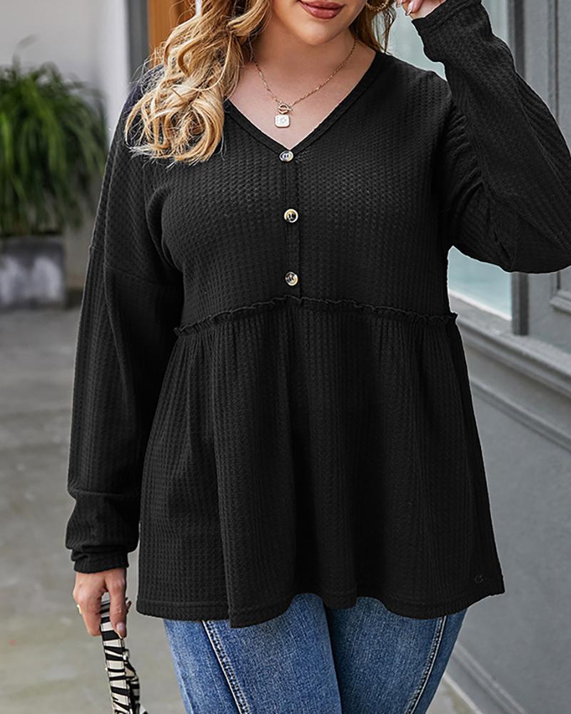 

Plus Size Frill Hem Buttoned Top, Black