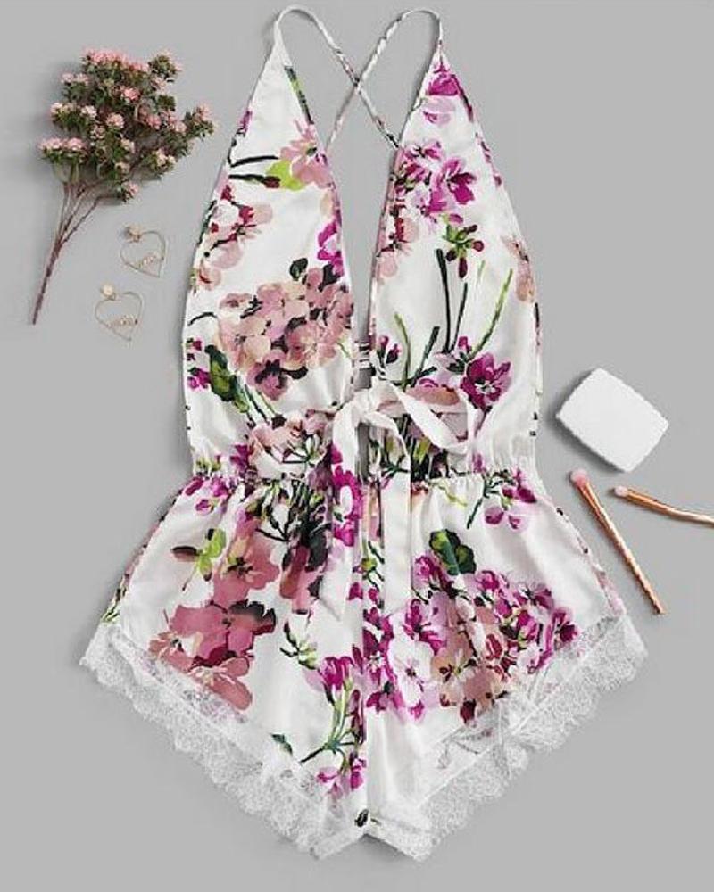 

Floral Print Eyelash Lace Slip Dress, White