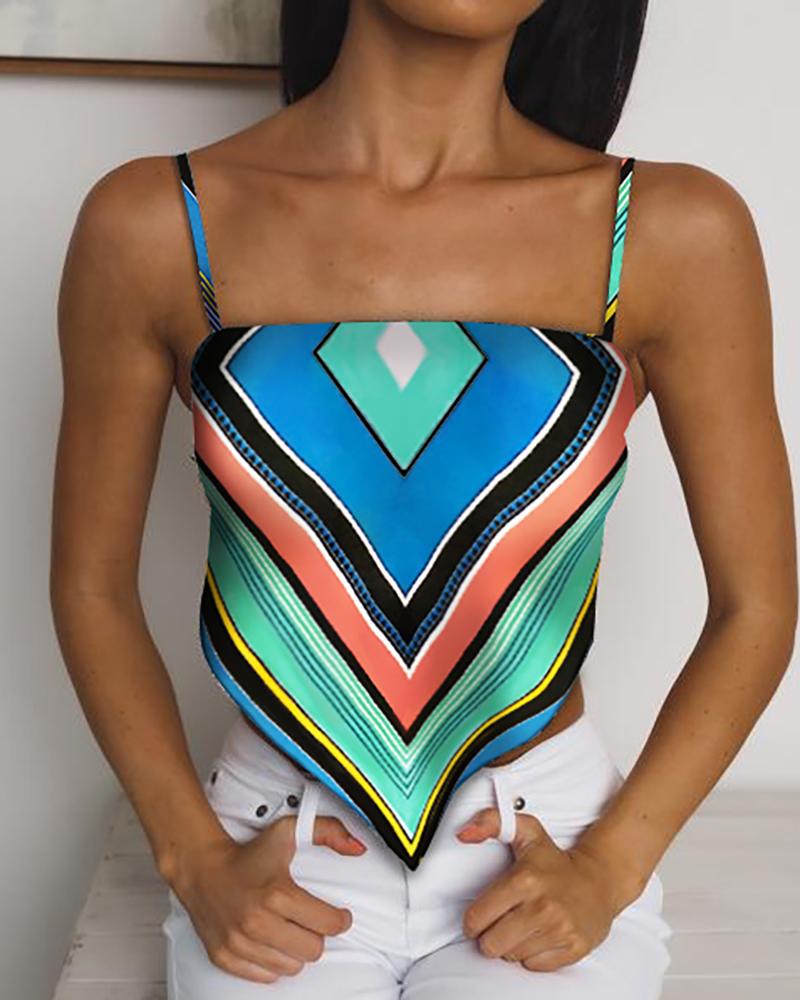 

Geometric Print Colorblock Tie Back Handikerchief Top, Multicolor