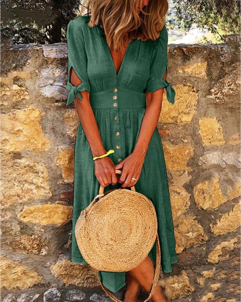 

Solid V-neck Half Sleeve Casual Dress, Green