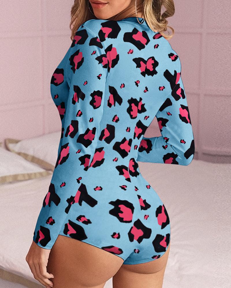 

Cheetah Cartoon Print Buttoned Romper, Blue