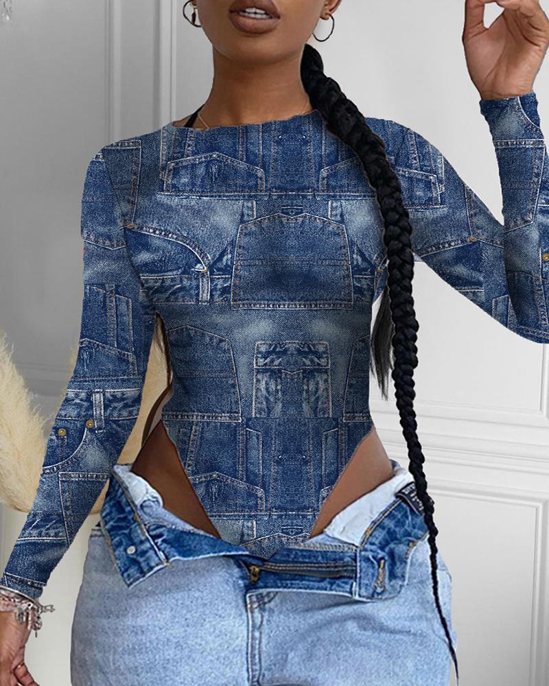 

Denim Pattern Long Sleeve Bodysuit, Blue