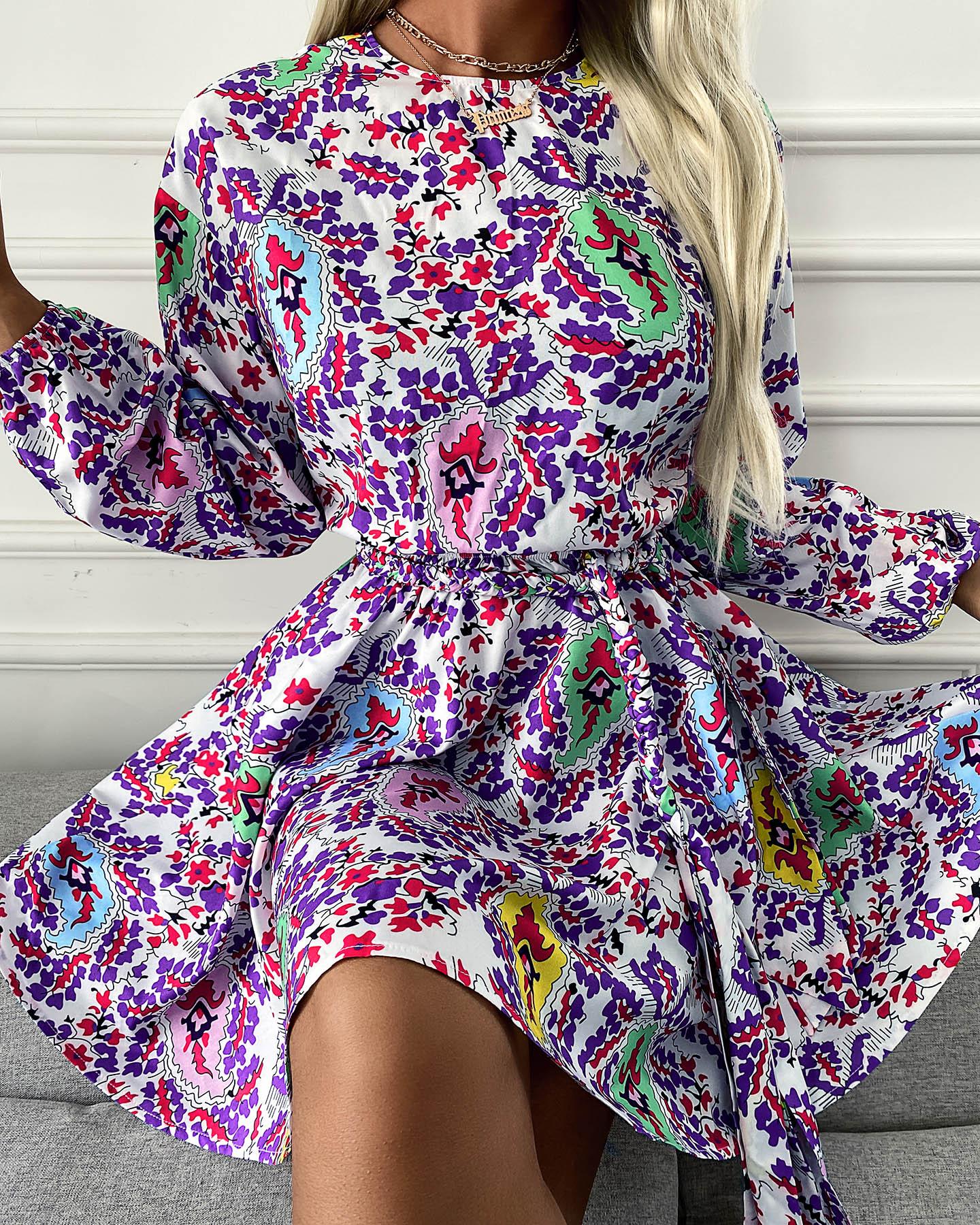 

Floral Print Long Sleeve Casual Dress, Purple