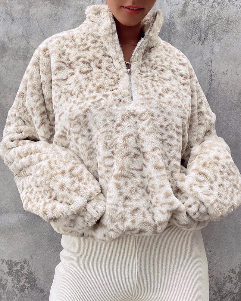 

Leopard Print Long Sleeve Teddy Coat, White