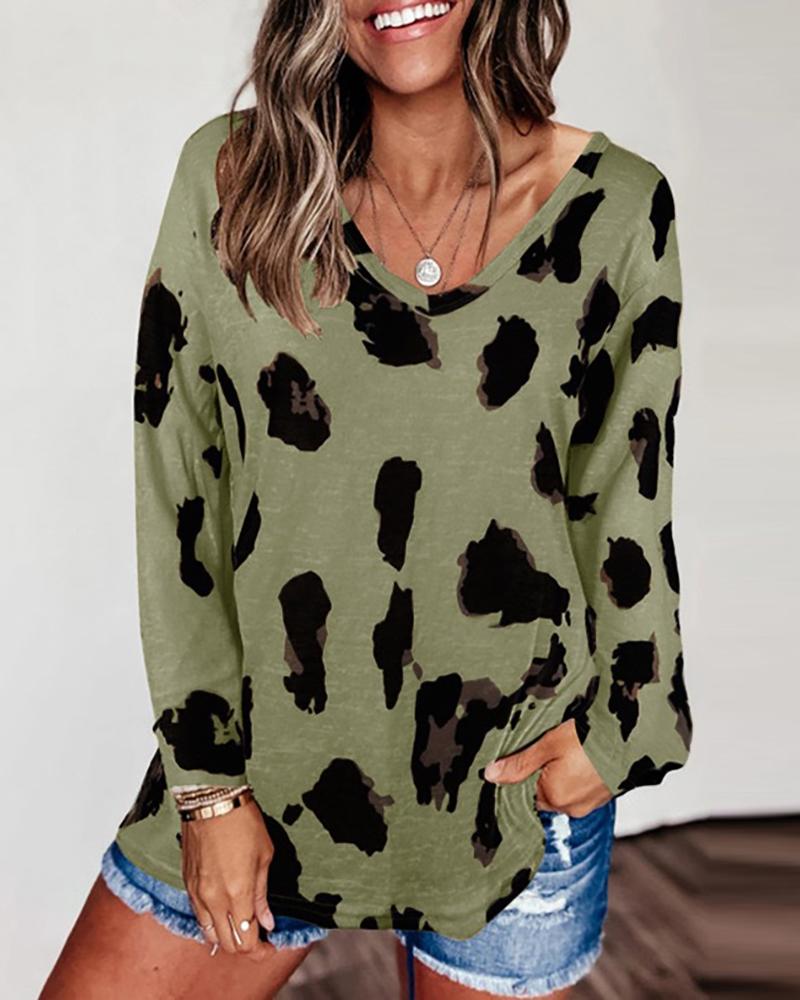

Cheetah Print Colorblock Long Sleeve Casual Top, Green