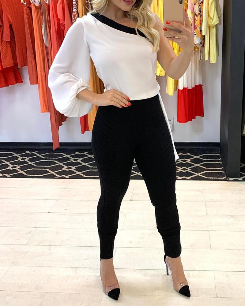 

Colorblock One Shoulder Lantern Sleeve Top & Plain Pants Set, White