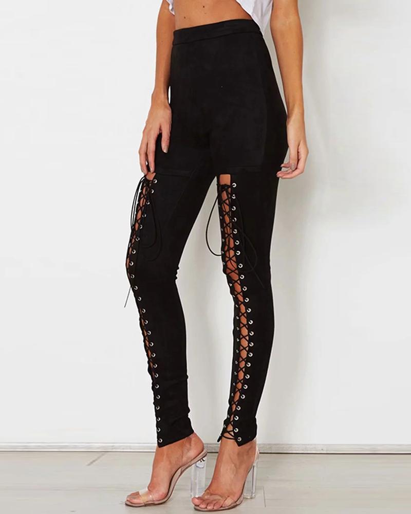 

Slit Lace-Up Detail Pants, Black