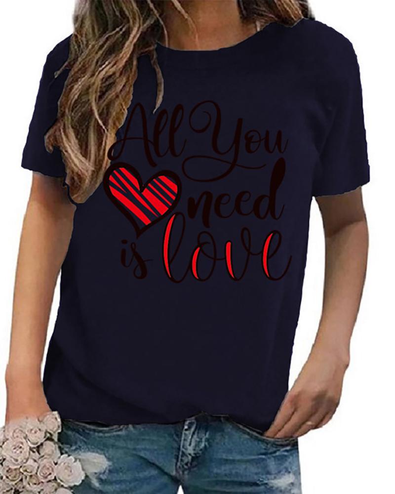 

Letter Print Short Sleeve Round Neck T-shirt, Dark blue