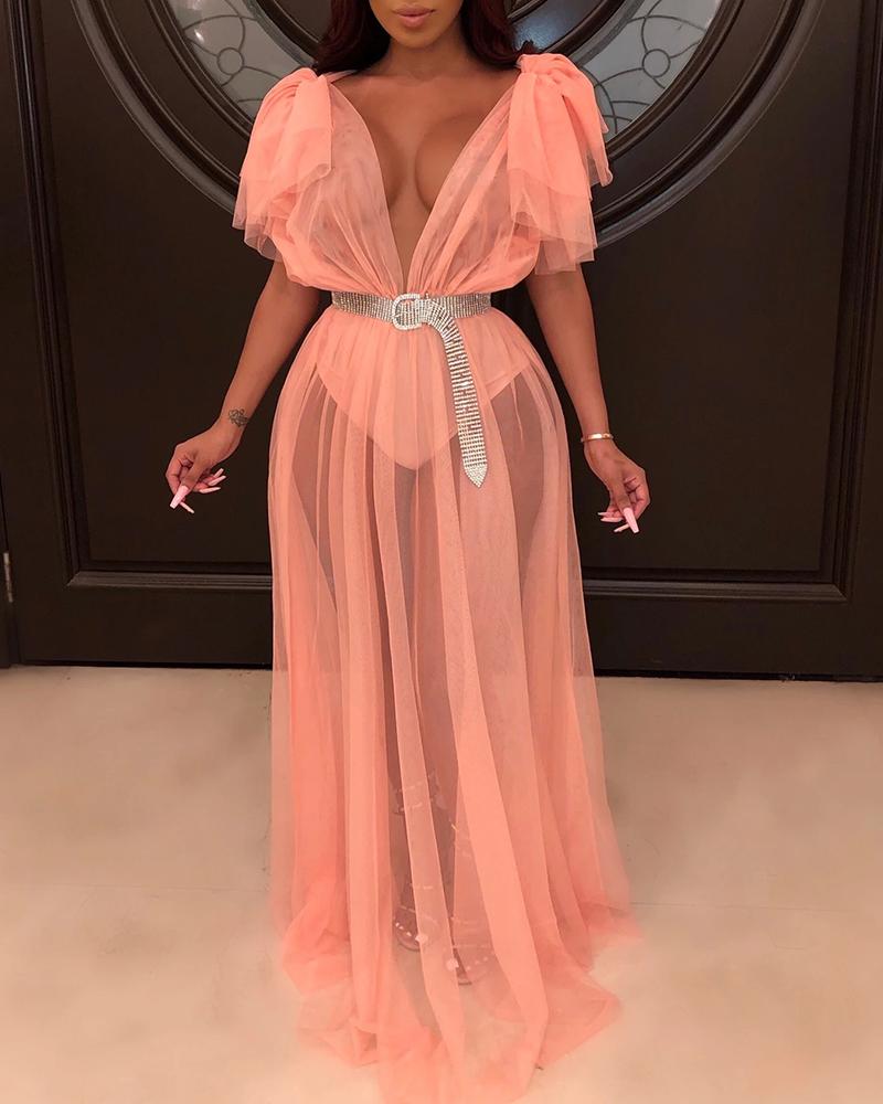 

Deep V Neck See-Through Mesh Maxi Dress, Orange