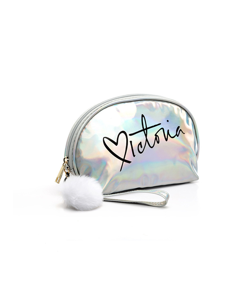 

Letter Print Laser Pom Pom Makeup Bag, Silver