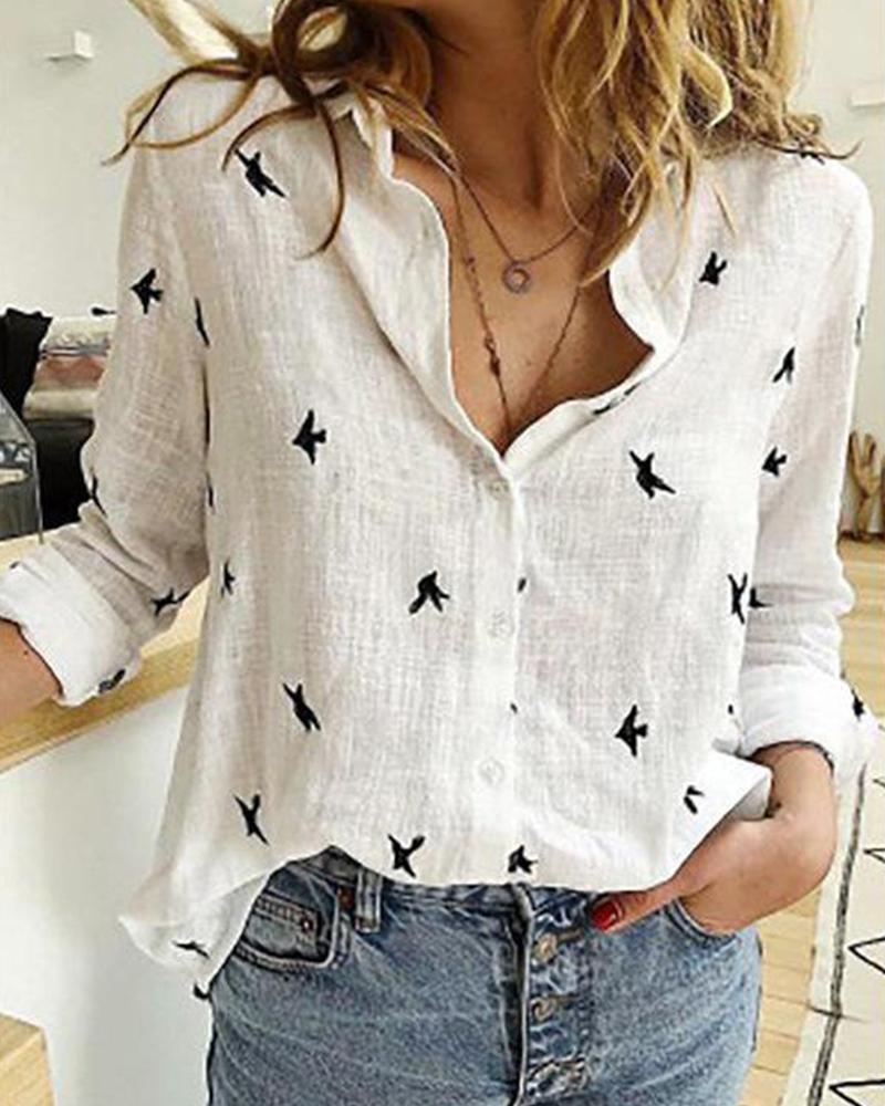 

Bird Print Button-Up Blouse, White