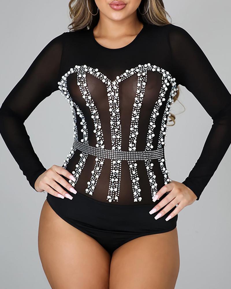 

Studded Beaded Long Sleeve Skinny Bodysuit, Black