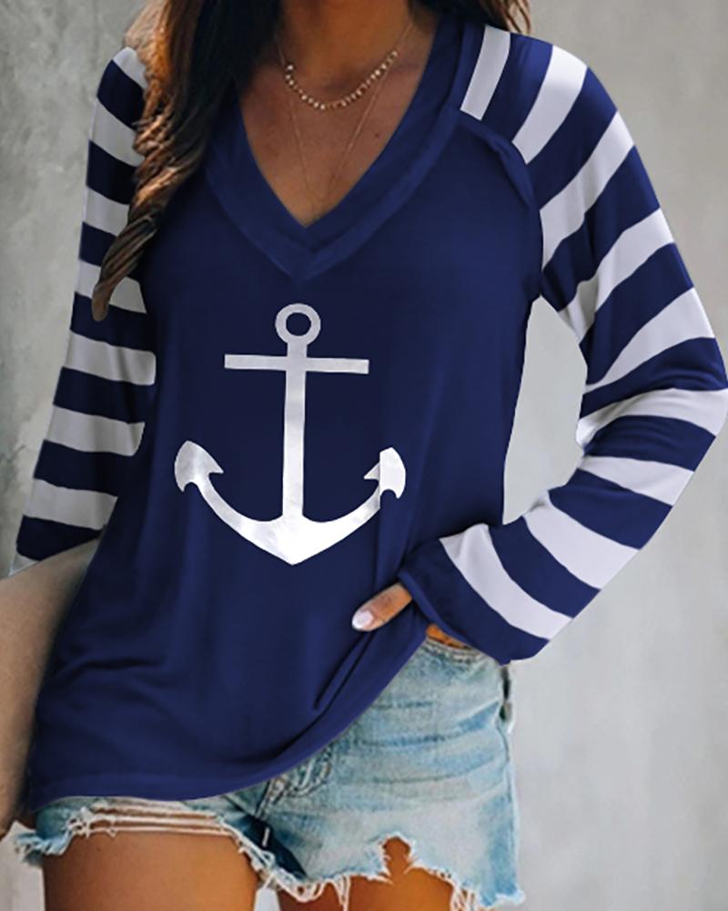 

Anchor Print Colorblock V Neck Long Sleeve Top, Blue