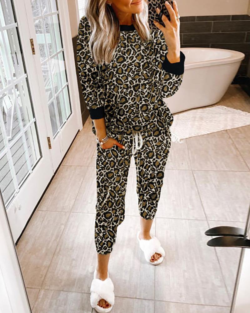 

Cheetah Print Top & Drawstring Pants Set, Leopard