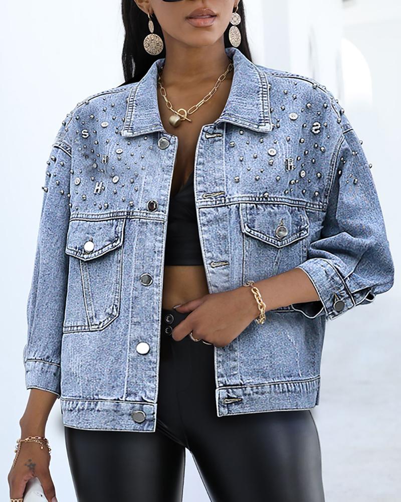 

Beaded Flap Detail Denim Jacket, Blue