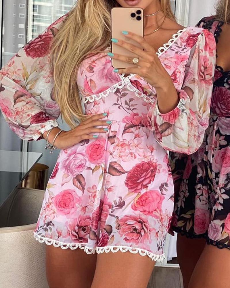 

Floral Print V Neck Long Sleeve Romper, White