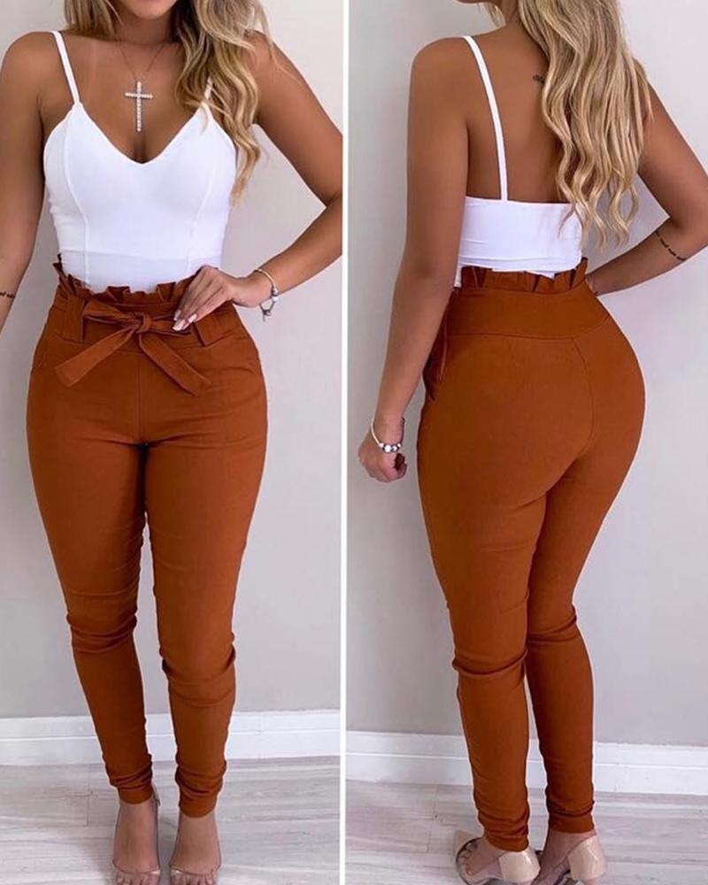 high waist frill hem casual pants