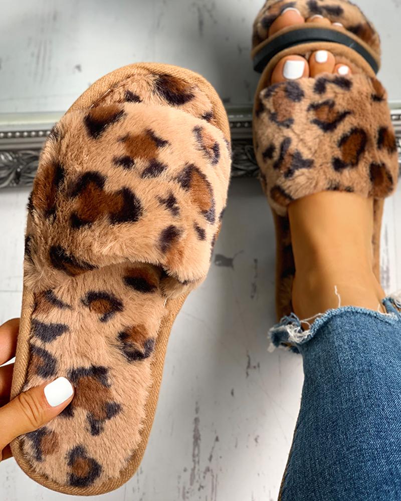 

Fluffy Leopard Open Toe Flat Slippers, Brown