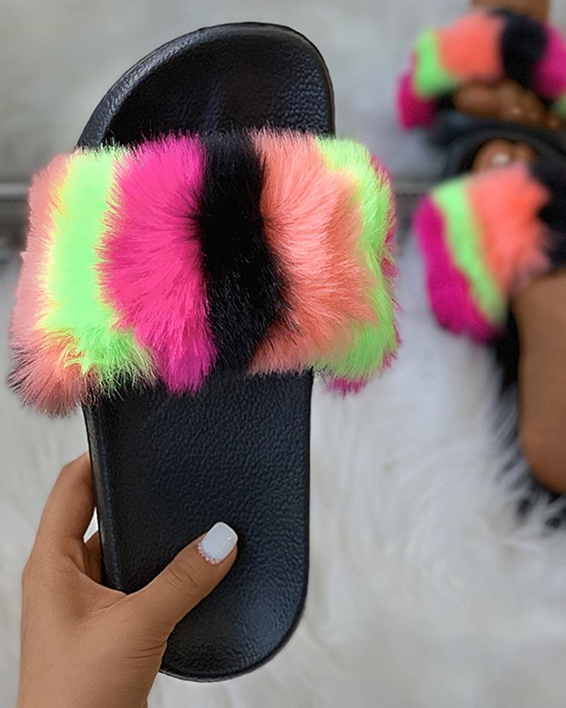 

Colorblock Open Toe Fluffy Slippers, Multicolor