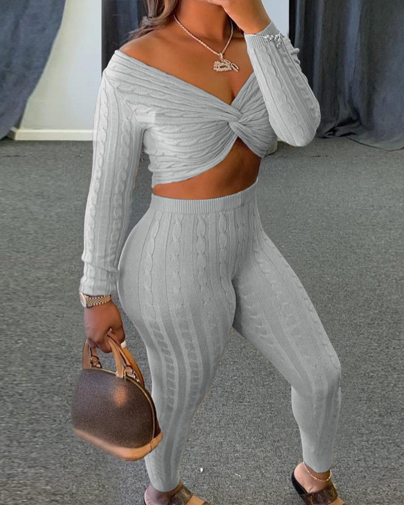 

Cable Knit Ribbed Twisted Crop Top & Pants Set, Gray