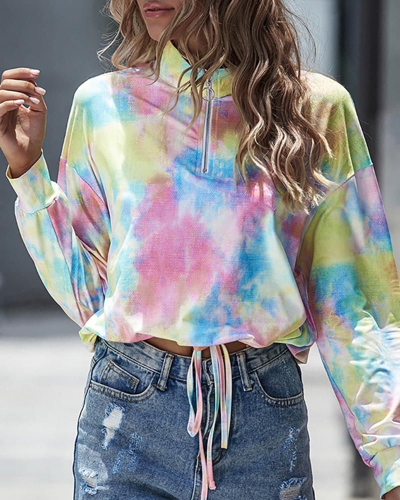 

Tie Dye Print Zipper Design Tied Top, Multicolor