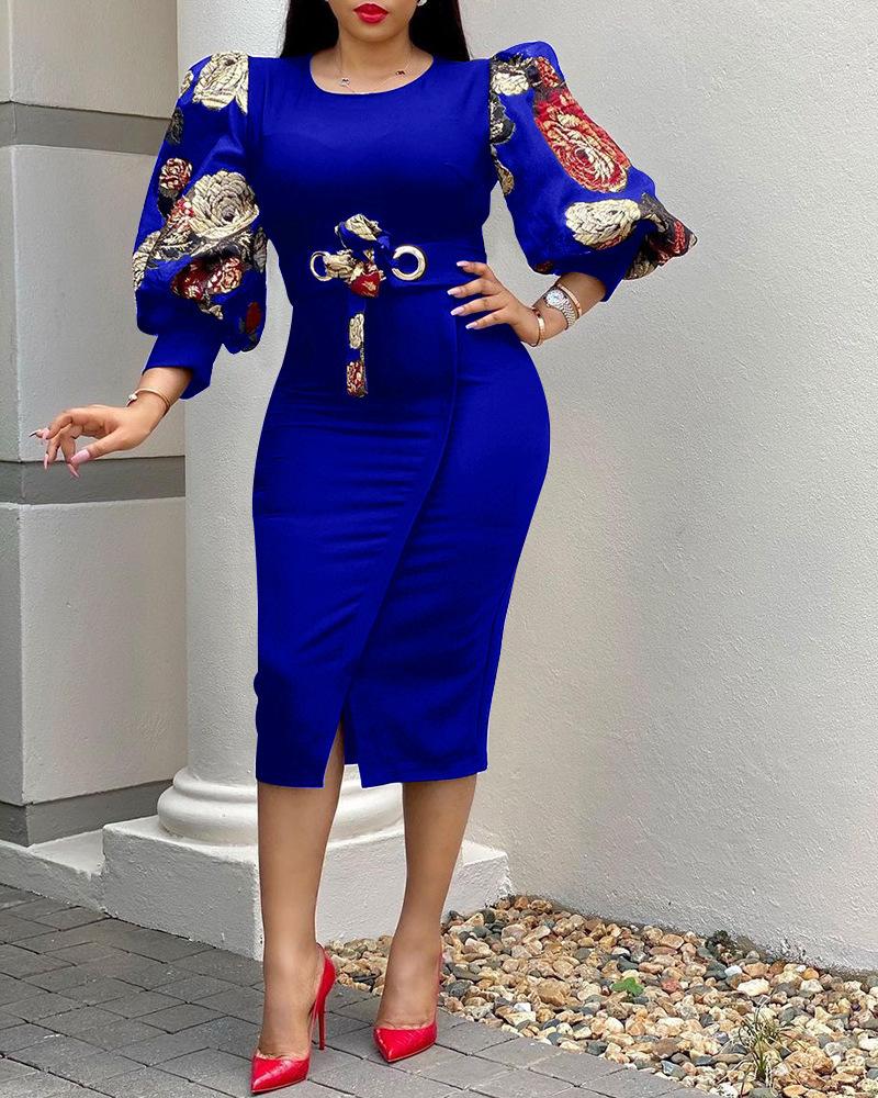 

Floral Print Puff Sleeve Slit Belted Dress, Blue