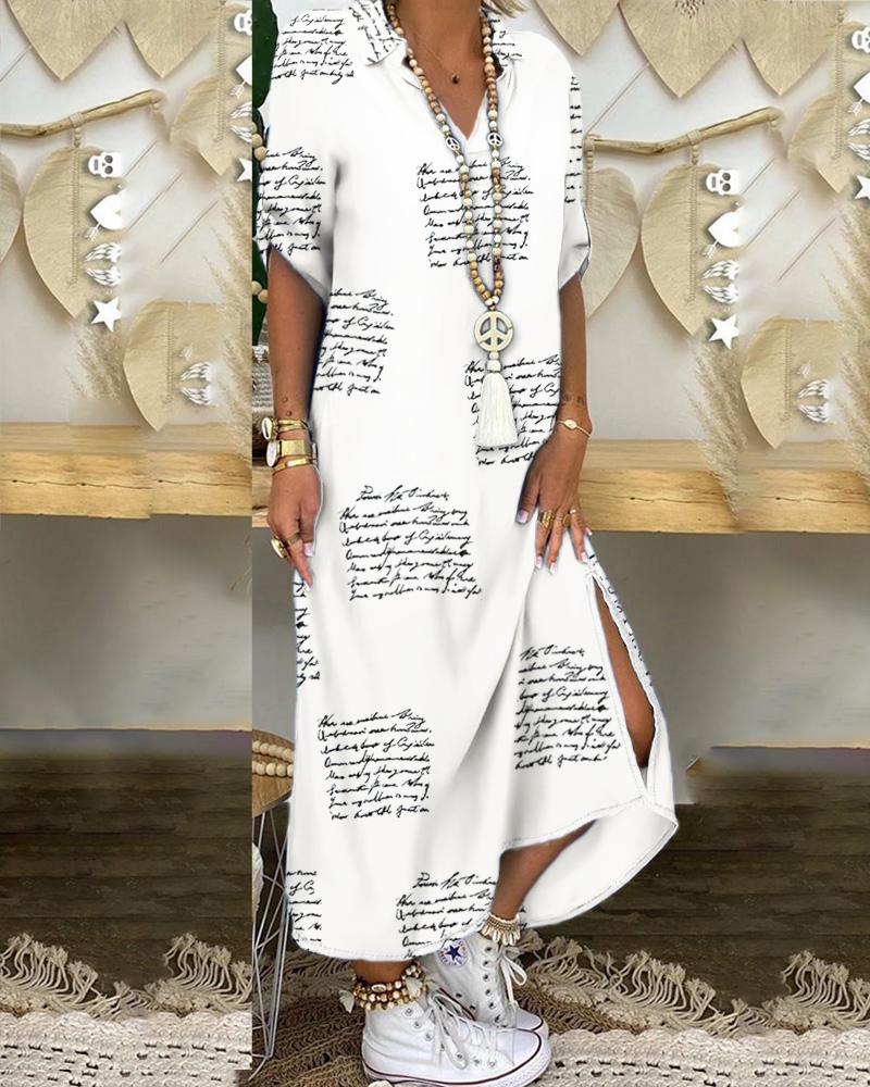 

Letter Print Half Sleeve Slit Casual Dress, White
