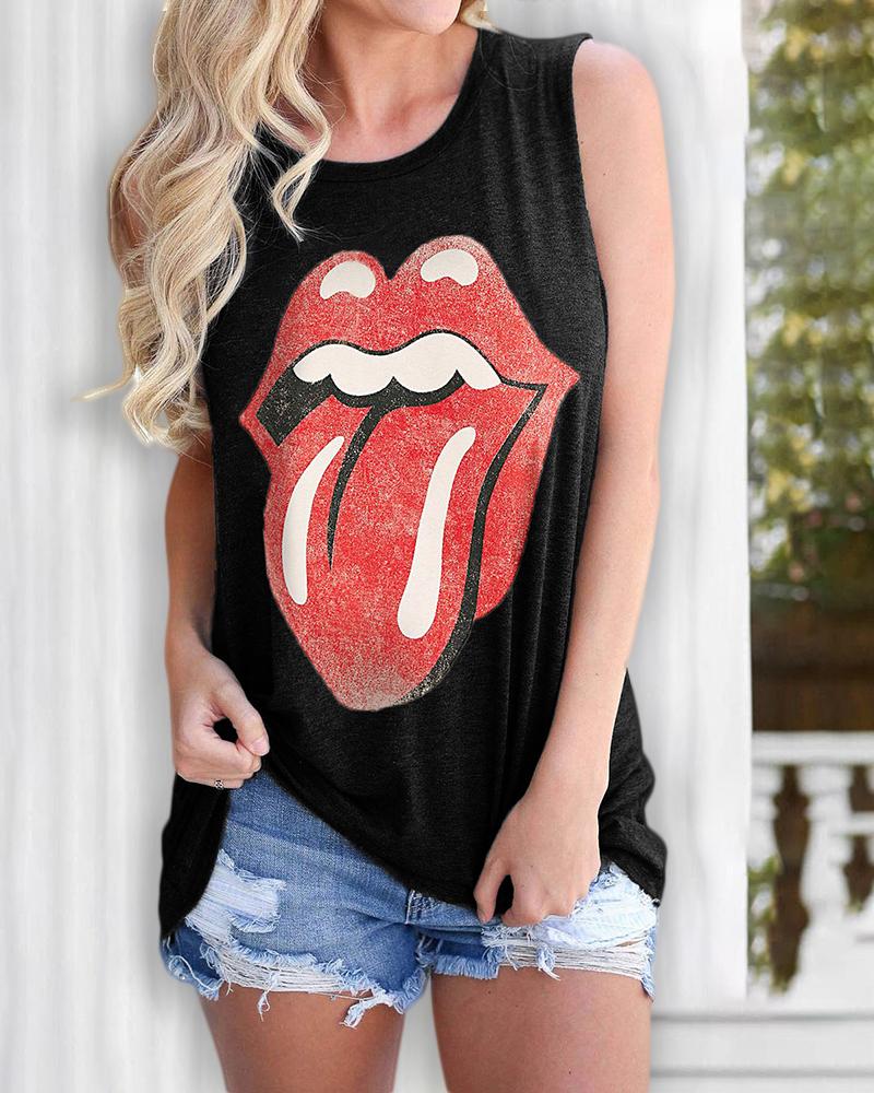 

Lip Print Casual Tank Top, Black