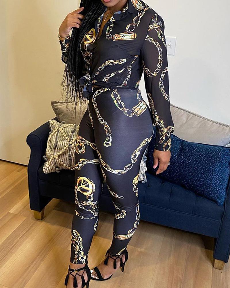 

Chain Print Tie Front Top & Pants Set, Black