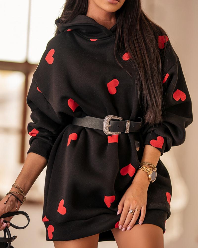 

Heart Print Long Sleeve Casual Hoodie, Black