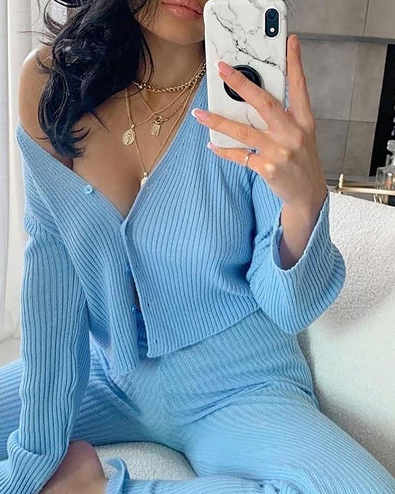 

Solid Button Design Knitted Sweater, Blue
