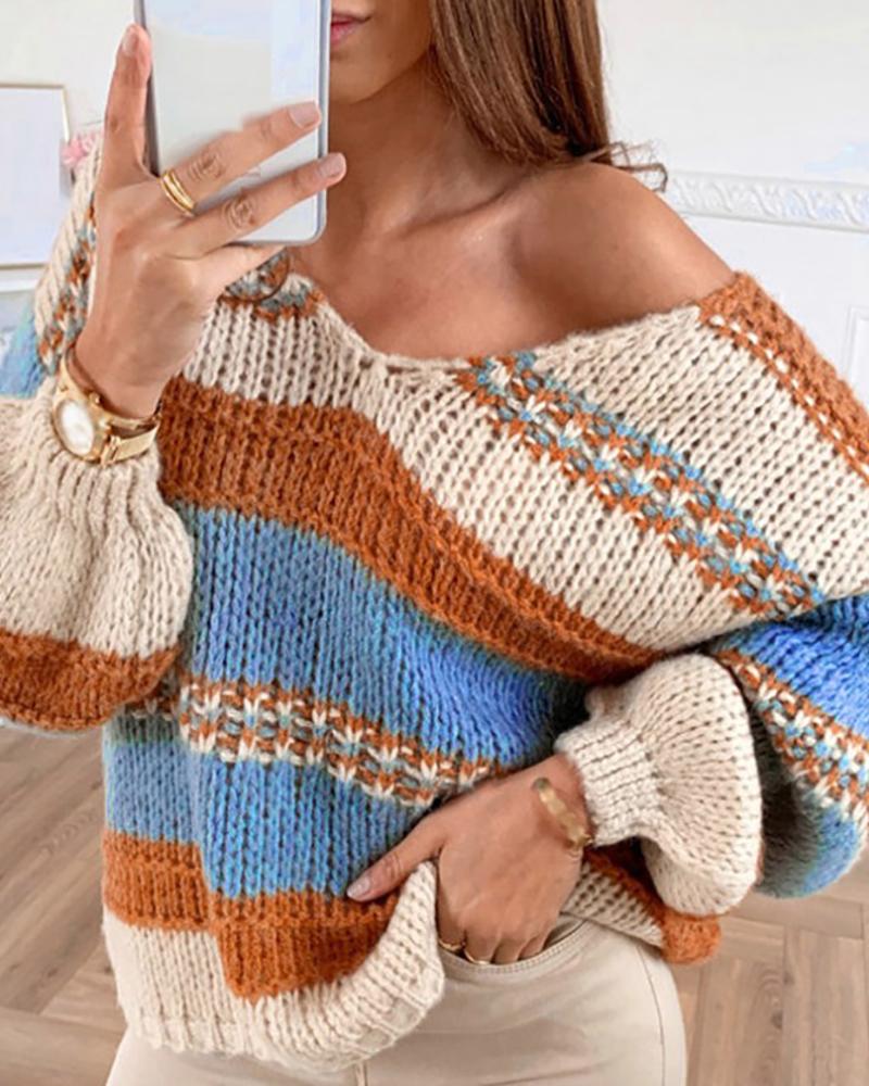 

Colorblock Knit Lantern Sleeve Sweater, Blue