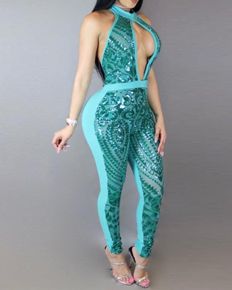 

Sexy Halter Neck Cutout Jumpsuit, Sky blue