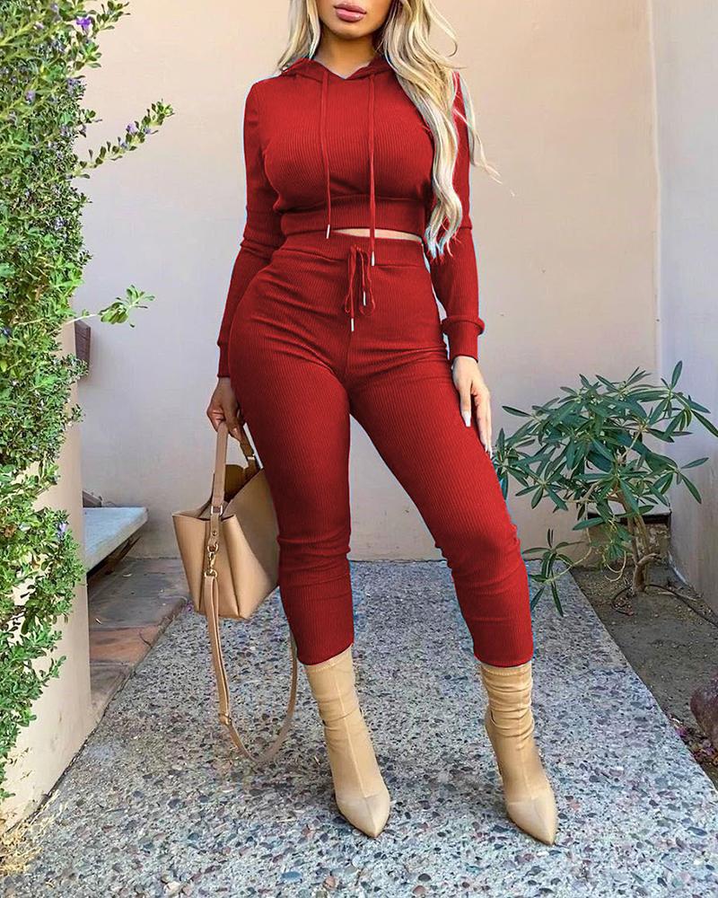 

Plain Hooded Women Top & Drawstring Pants Set, Red