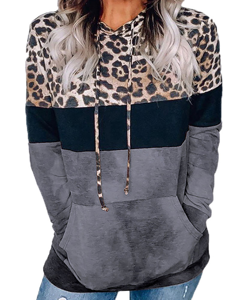 

Cheetah Print Colorblock Pocket Design Casual Hoodie, Dark grey