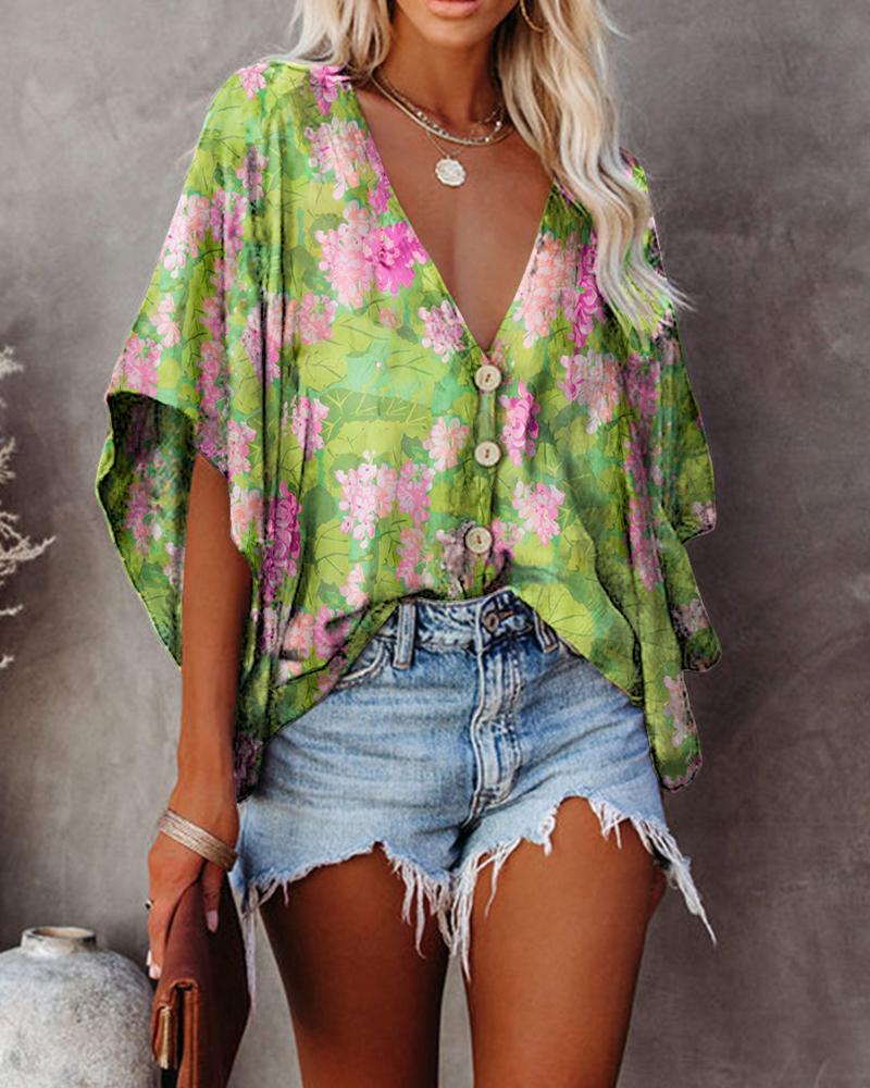 

Floral Print Short Sleeve Blouse, Green