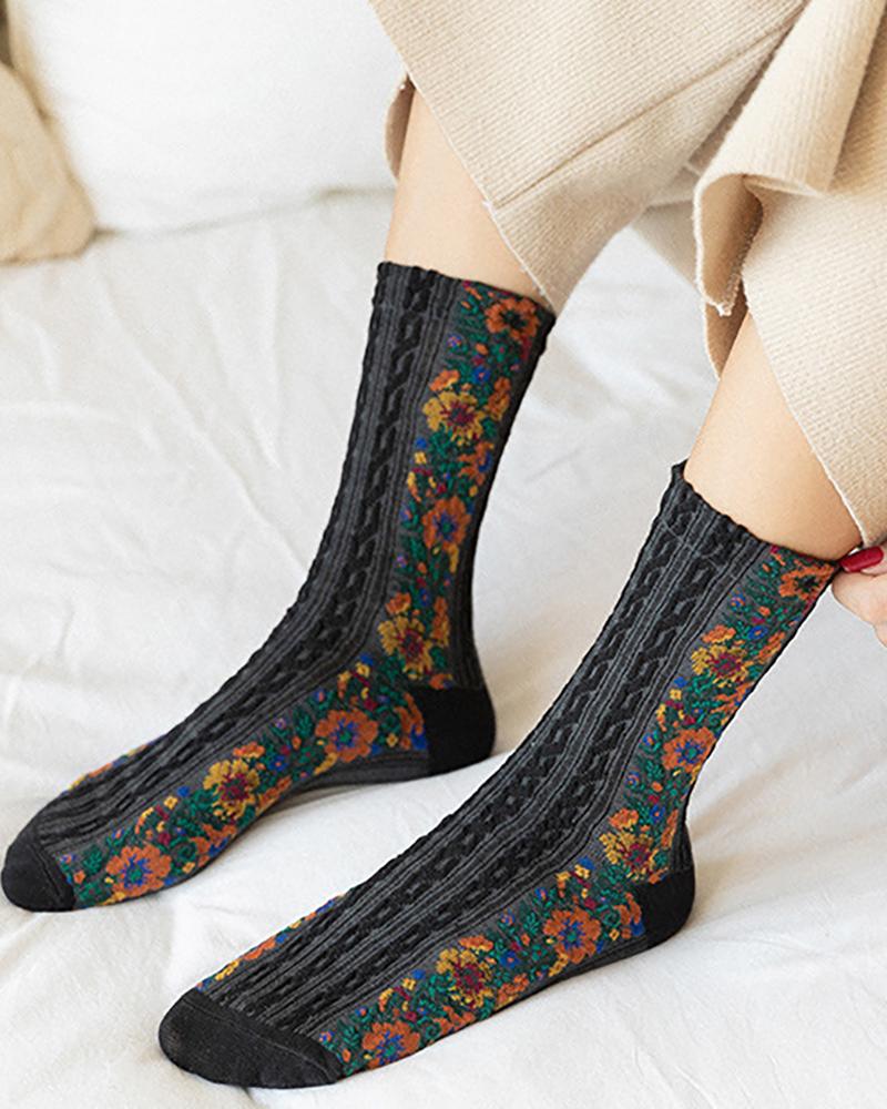 

1Pair Floral Print Crew Socks, Black