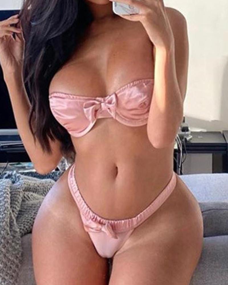 

Bowknot Design Plain Off Shoulder Bra Set, Pink