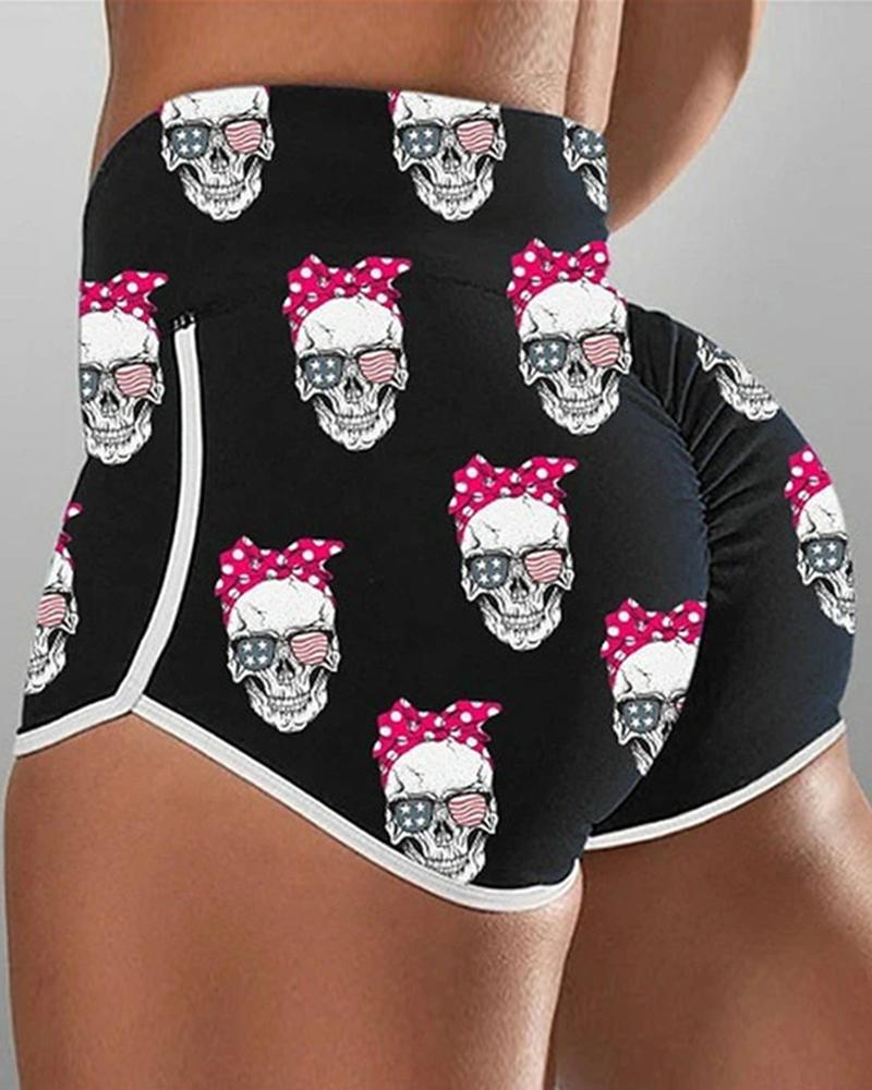 

Bowknot Skeleton Patterns Print Slit High Waist Shorts, Black