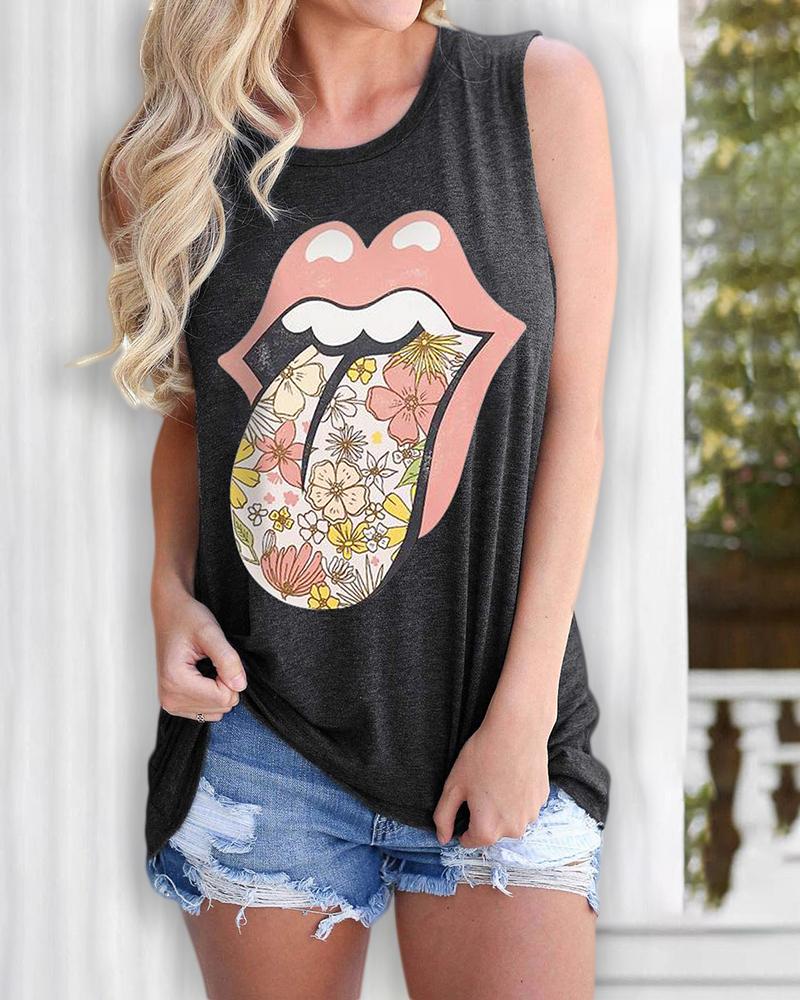 

Floral Lip Print Casual Tank Top, Dark grey
