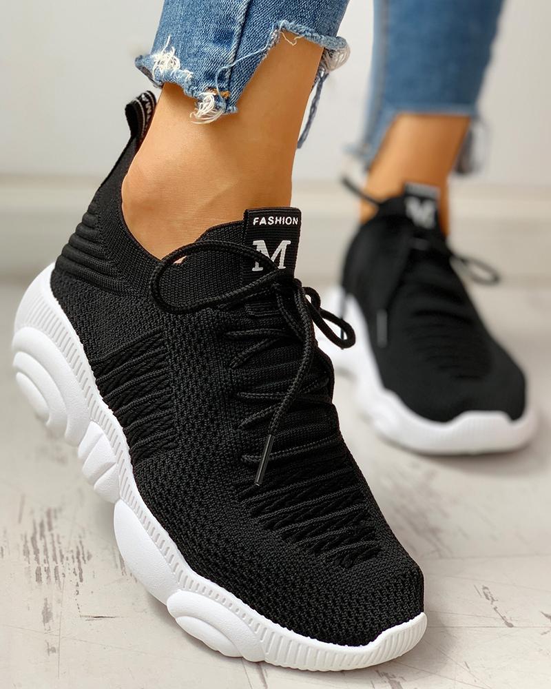 

Knitted Breathable Lace-Up Yeezy Sneakers, Black