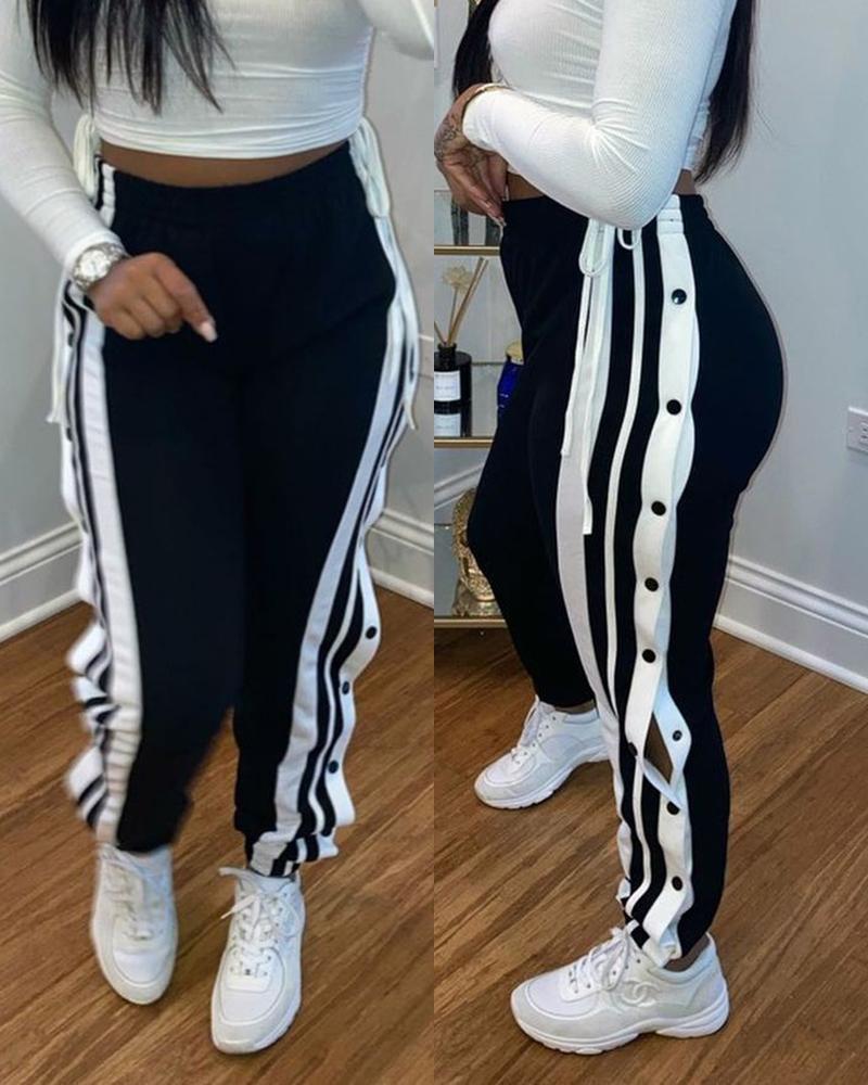 

Striped Tape Slit Buttoned Sweatpants, Black