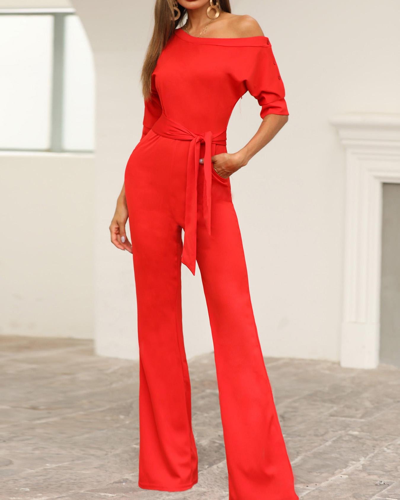 one shoulder flared jumpsuit