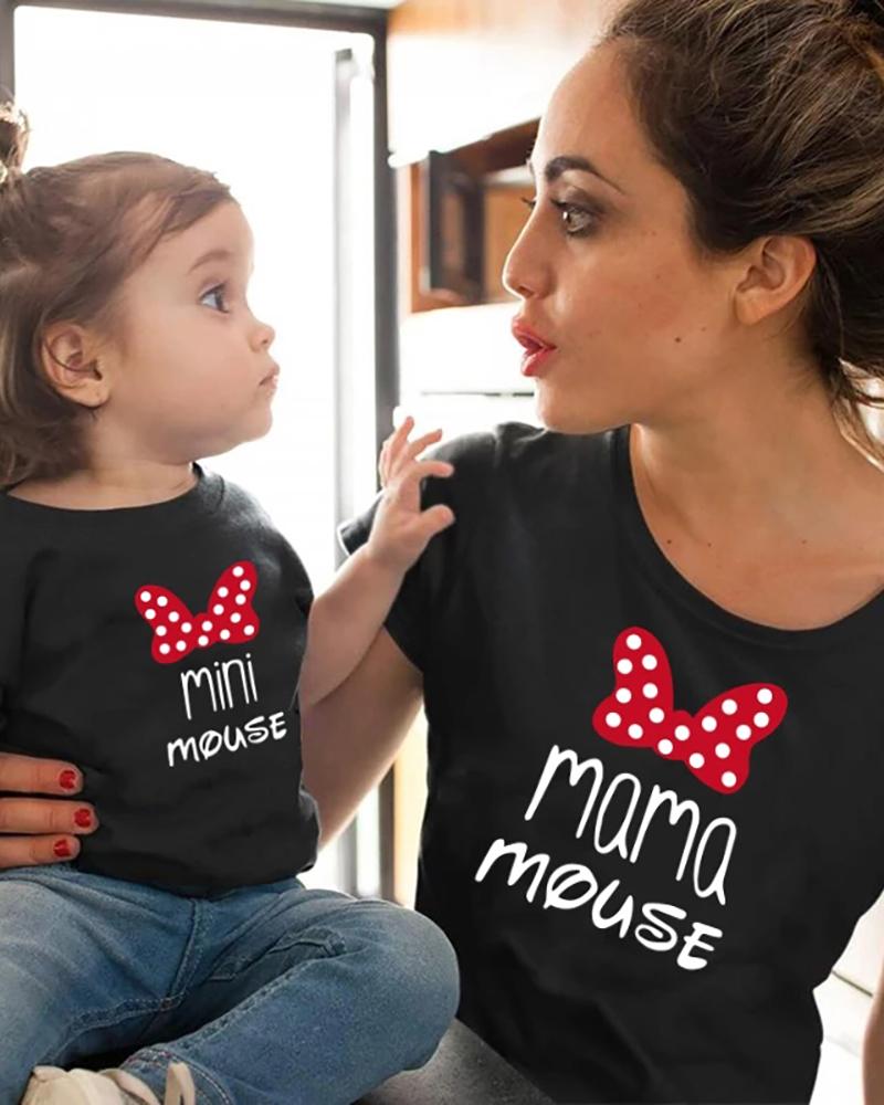 

Mommy & me Bowknot Pattern Letter Print Short Sleeve T-Shirt For Kids, Black