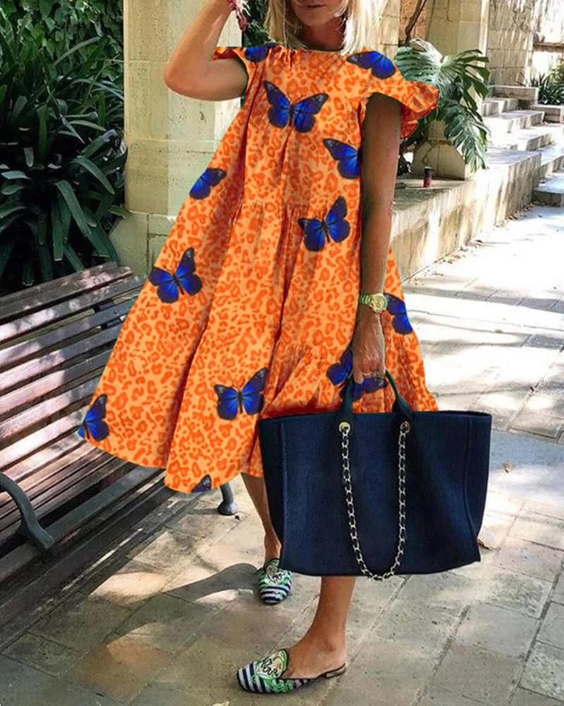 

Daisy / Butterfly / Tie Dye Print Ruched Ruffles Dress, Orange