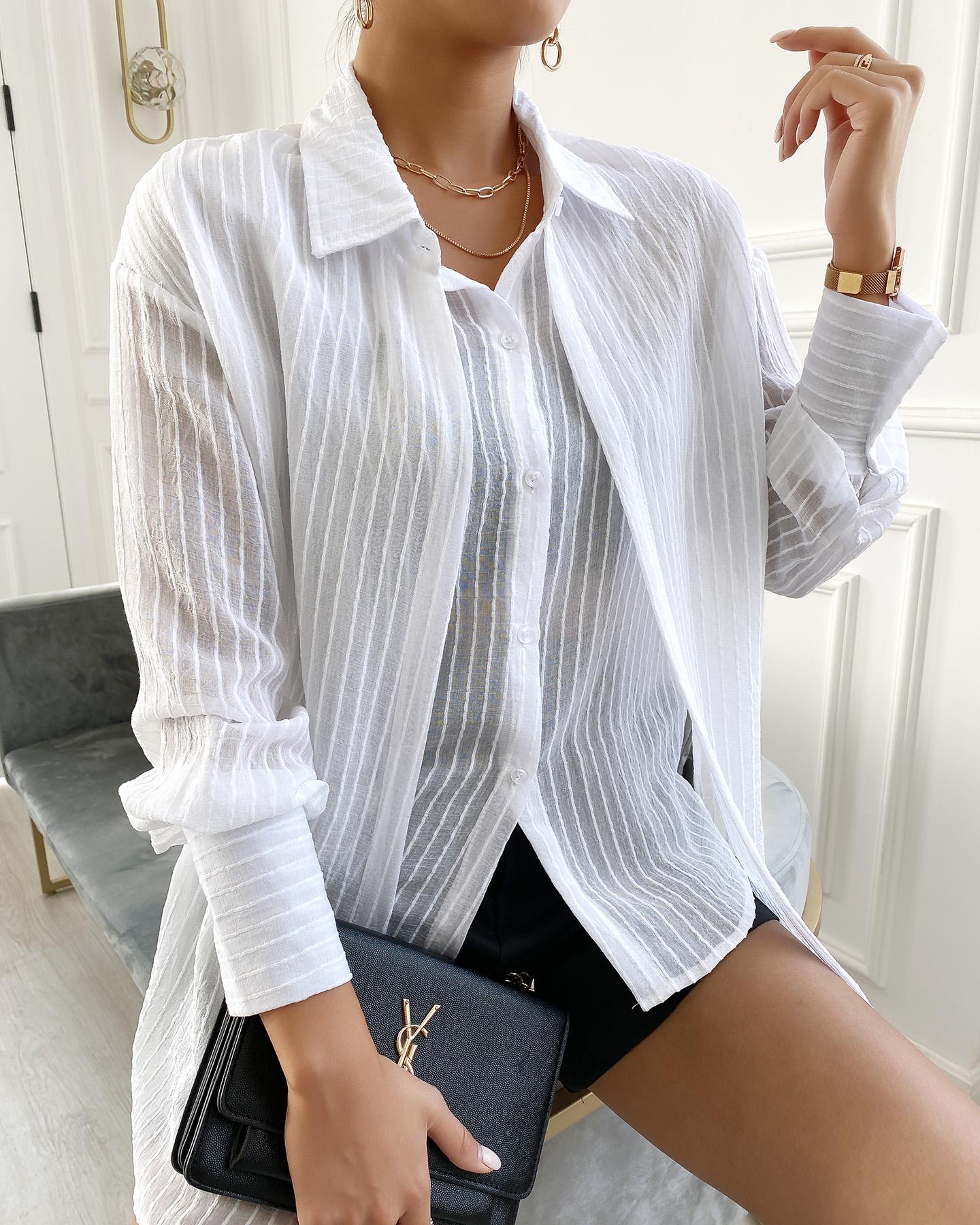 

Striped Irregular Button Design Shirt, White