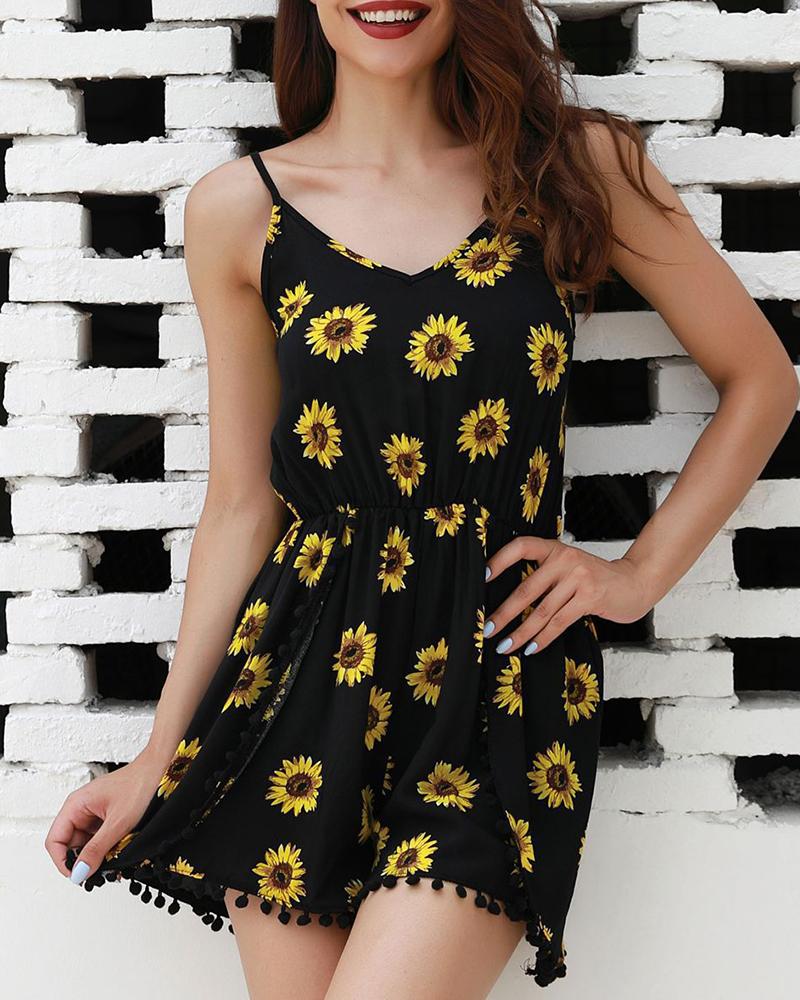 

Sunflower Print Spaghetti Strap Romper, Black