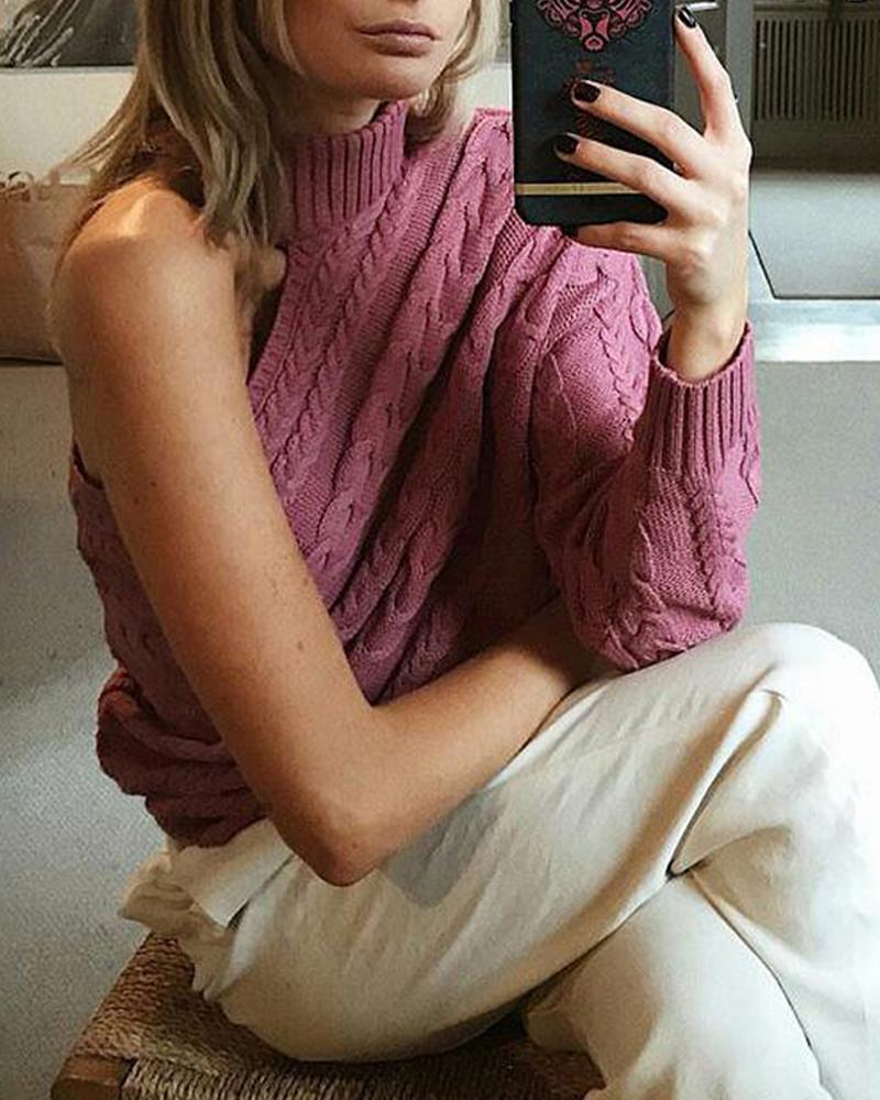 

One Shoulder Embroidered Neck Sweater, Pink