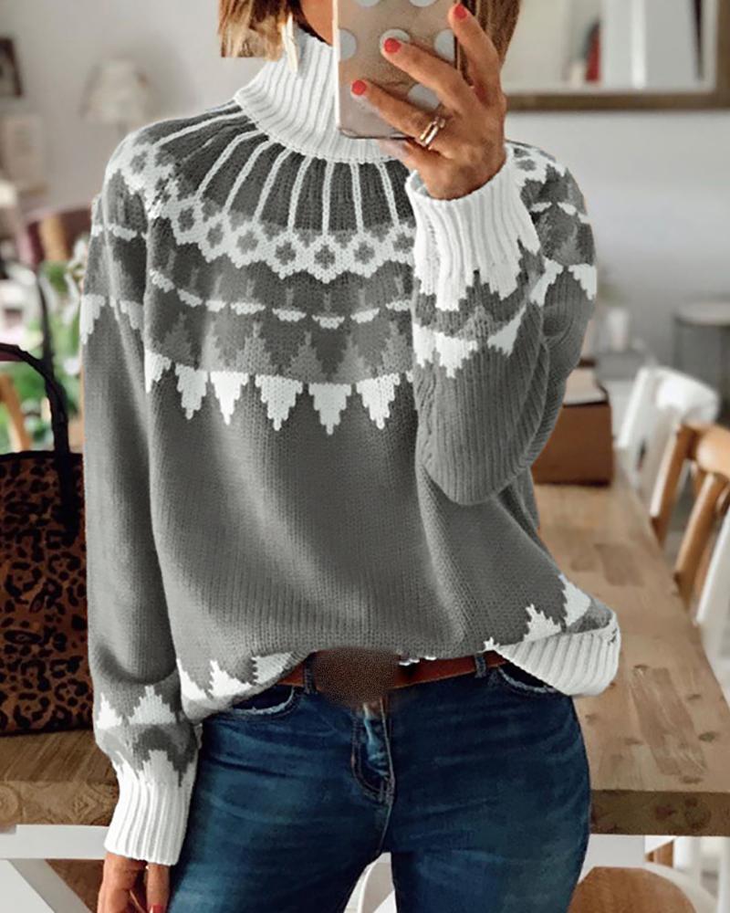 

Christmas Pattern Long Sleeve Knit Sweater, Gray