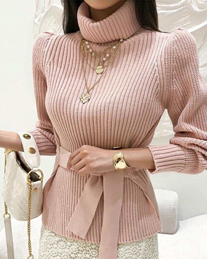 

Plain High Neck Long Sleeve Sweater, Pink